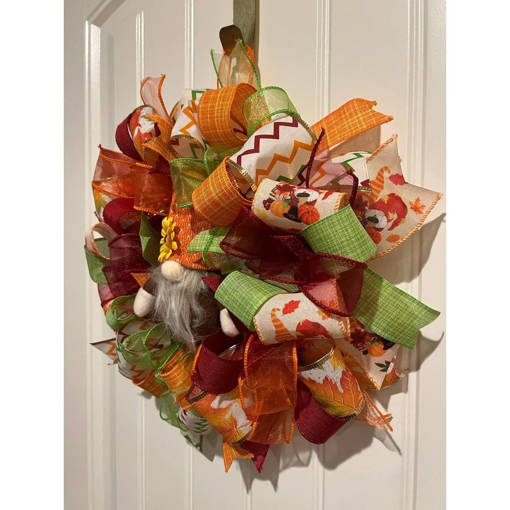 13 inch Ribbon Wreath Fall Autumn Thanksgiving Gnome MW6